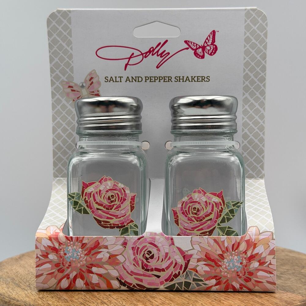 Dolly Parton Salt and Pepper Shakers Pink Mosaic Rose Floral Glass Set 3oz NWT